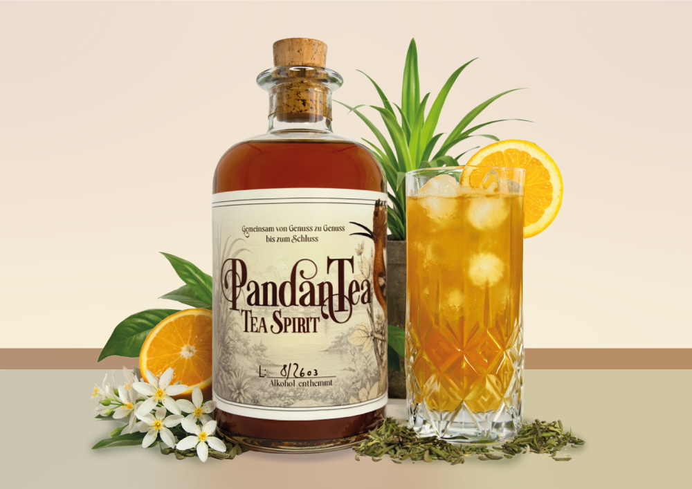 Eine Flasche PandanTea. Daneben steht ein Highballglas mit dem Orange Blossom Ice Tea Cocktail.